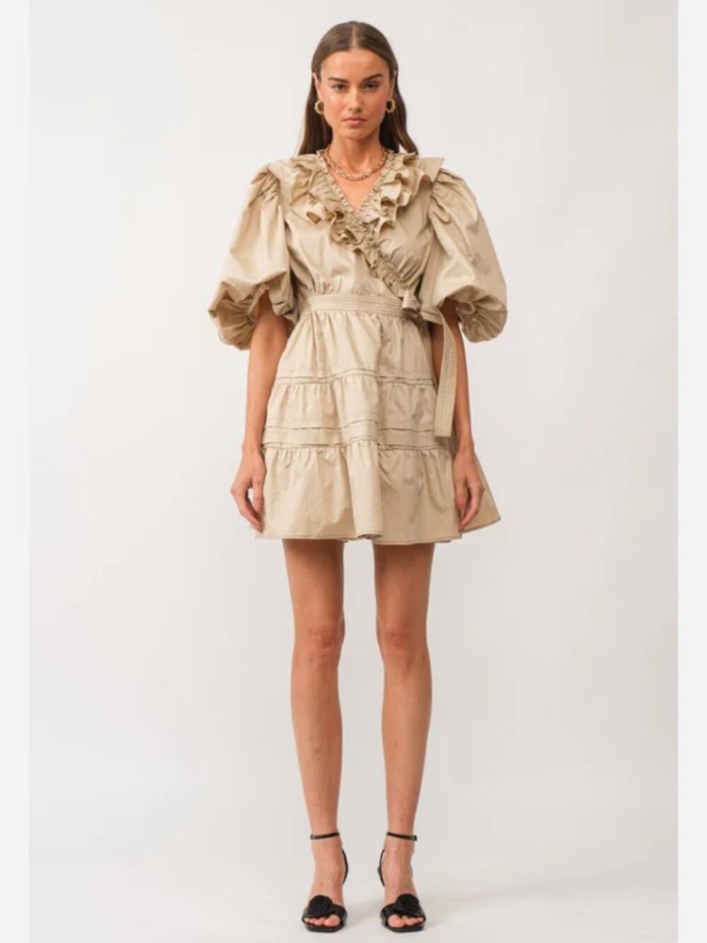 Ruffled Puff-Sleeve Mini Dress in Beige
